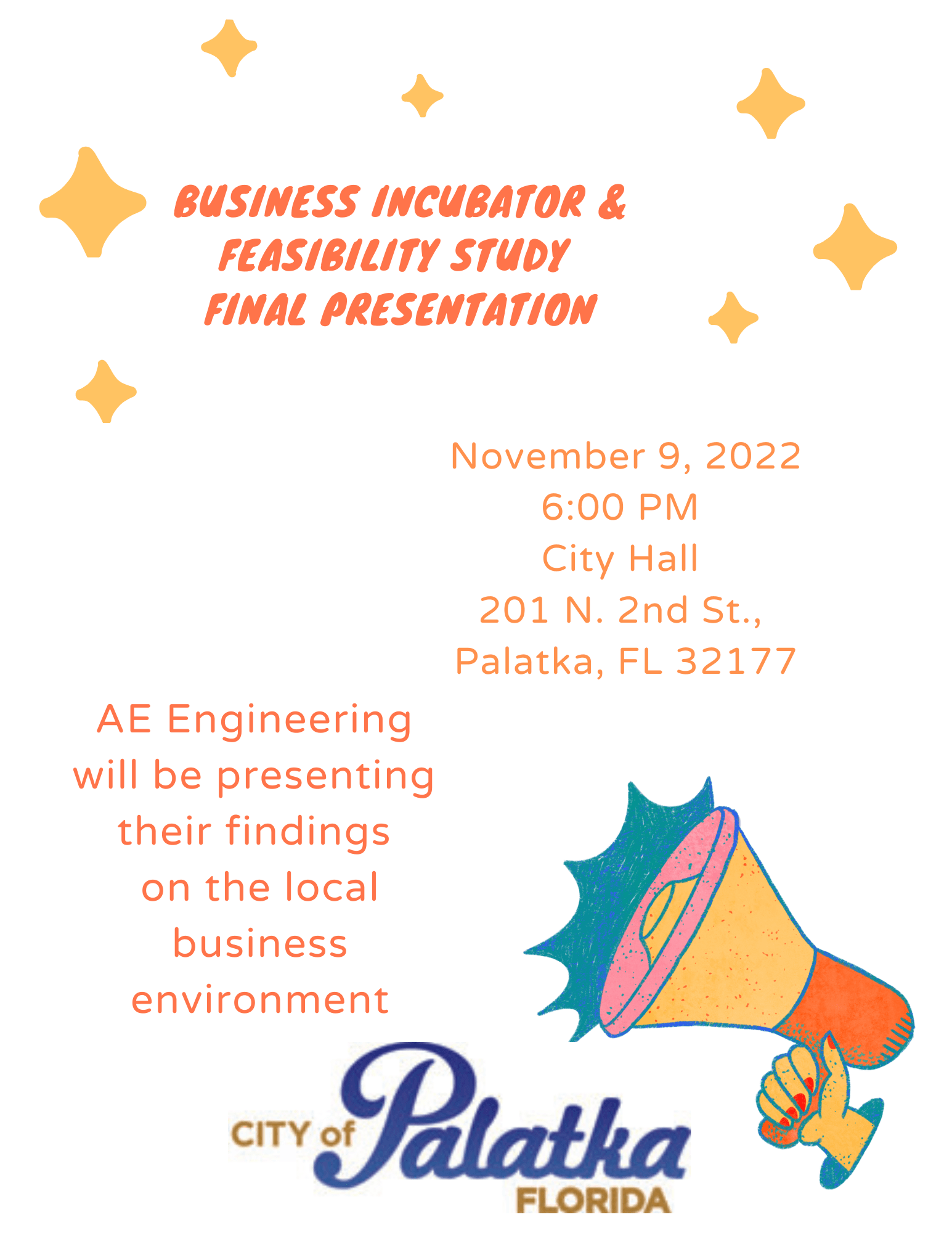  Business Incubator and Feasibility Study Presentation on 2022.11.09 at 6PM at City Hall  